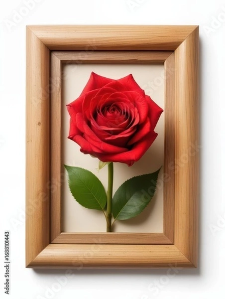 Fototapeta Elegant red rose in a beautifully crafted wooden frame on a white background