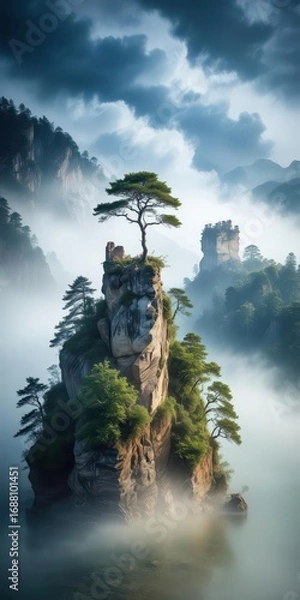 Fototapeta A lone tree stands beside a mist-shrouded stone fortress in the heart of the dense forest