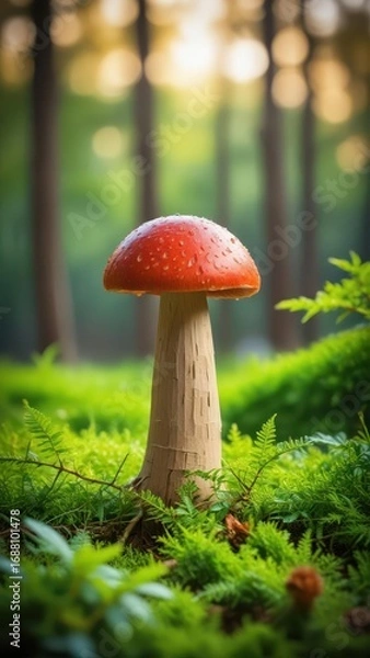 Fototapeta Majestic fungal cap rises from the forest floor amidst a tapestry of emerald leaves and soft moss