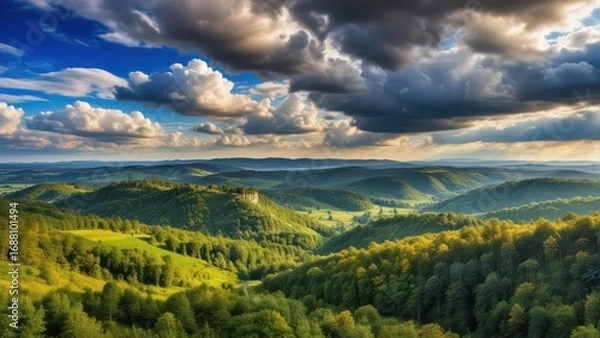 Fototapeta Expansive Panoramic Vista of Densely Forested Rolling Hills Under a Dramatic Sky