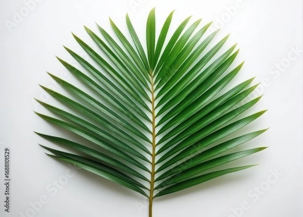 Fototapeta Detailed image of a single green palm leaf with intricate veins on a crisp white background