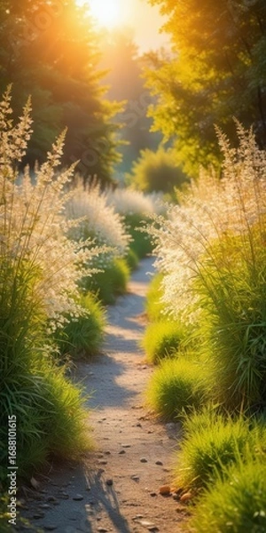 Fototapeta Serene garden path lined with ornamental grasses in sunlight