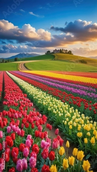 Fototapeta Vibrant tulip fields stretching across rolling hills