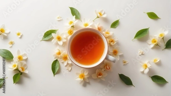 Fototapeta Delicate Jasmine tea flowers surrounded by vibrant orange petals and leaves in a minimalist setup