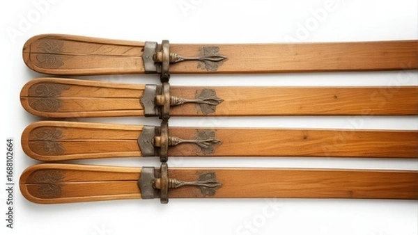 Fototapeta Old wooden skis with intricate carvings and worn finish on a crisp white background
