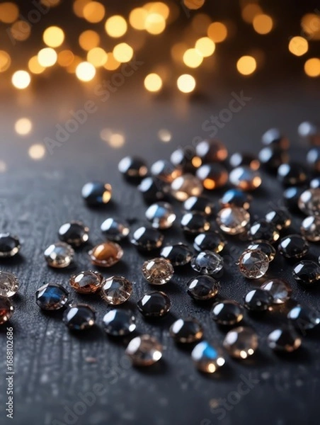 Fototapeta Glittering black rhinestones scattered on a dark canvas with a bokeh background