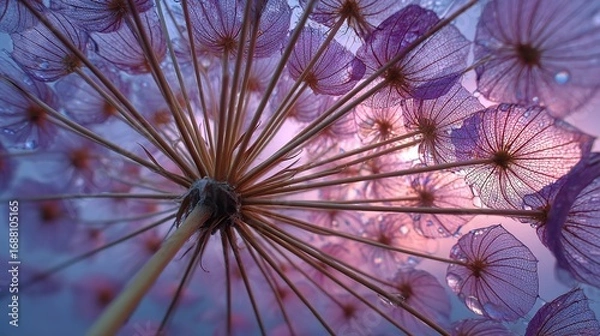 Fototapeta Umbrella Inflorescence Against the Evening Sky: A Delicate Violet Macro View from Below