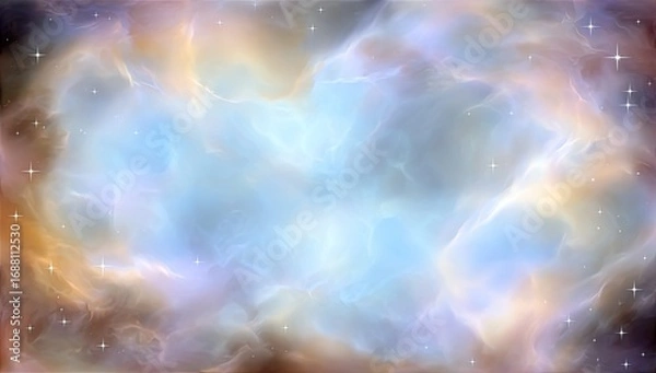 Fototapeta Colorful nebula with light-blue center and soft, swirling hues of pale orange, beige, and brown.  Stars scattered throughout