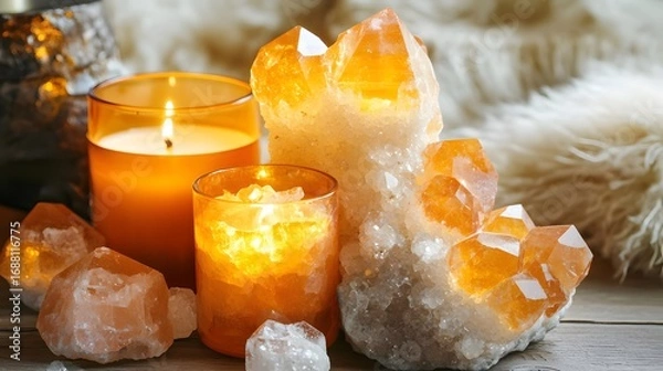 Fototapeta Amber Crystals and Burning Candles Cozy Still Life