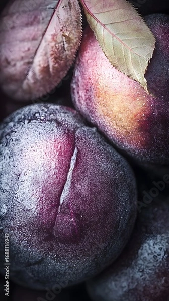 Fototapeta Closeup of Frozen Plums with Leaves Macro Photography