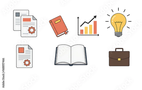 Fototapeta Illustration of icons representing business, education, and innovation with a lightbulb, graph, and books