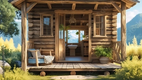 Fototapeta A rustic wooden cabin in a bright setting