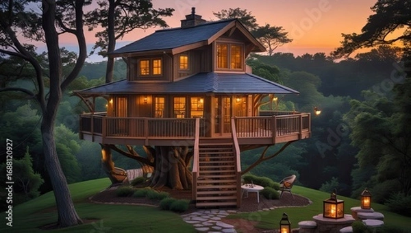 Obraz A picturesque treehouse at dusk