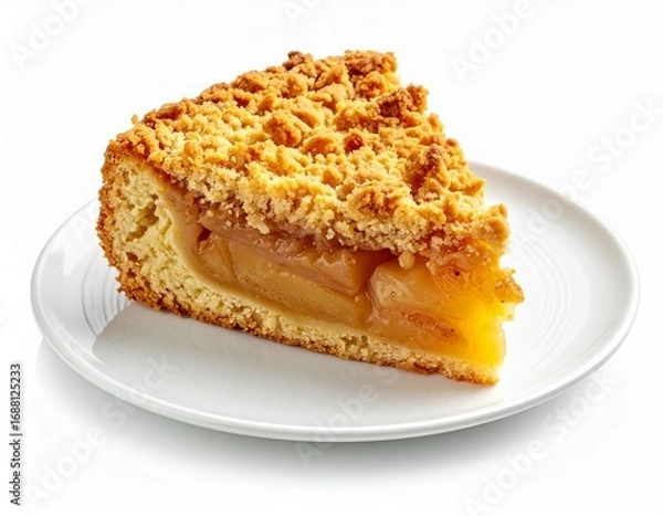 Fototapeta Delicious apple crumble pie slice, elegantly presented on a white plate