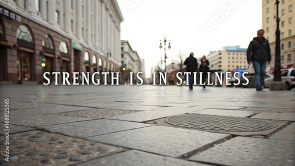 Fototapeta Urban street scene with people walking on pavement surrounded by classic architecture