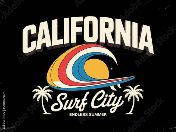 Fototapeta A stunning and nostalgic surf-themed design showcasing an iconic stylized wave and sun, representing the carefree spirit of summer and the vibrant culture of surfing in California.