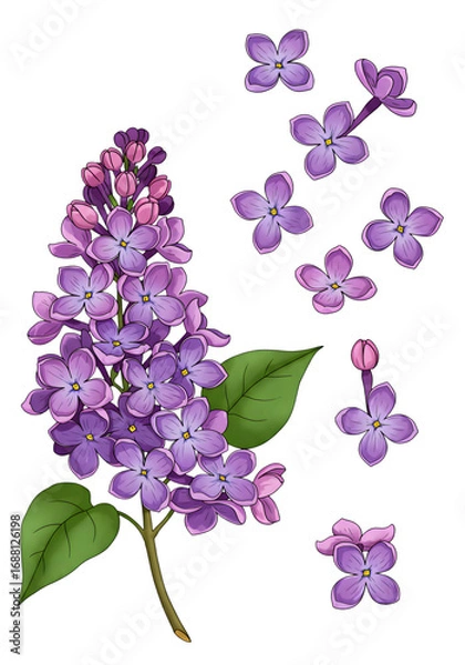 Obraz Isolated Lilac Branch Illustration On Transparent Background With Purple Blossoms and Green Leaves