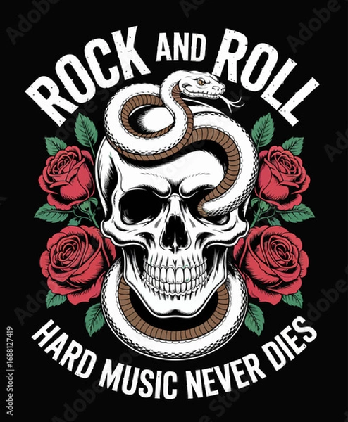 Fototapeta This captivating piece of art displays a skull with a snake and roses intertwined, symbolizing themes of mortality and the enduring power of rock music.