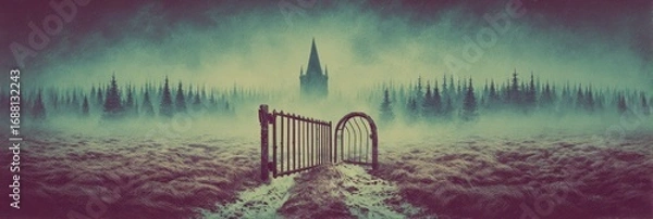 Fototapeta A dark, misty landscape with an open gate leading to a tower