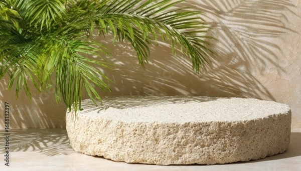 Fototapeta Beige round podium, palm leaves, sunlit shadows