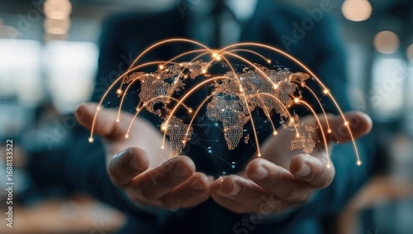 Fototapeta Global network held in hands.  Businessman holds a holographic world map, connected by glowing lines