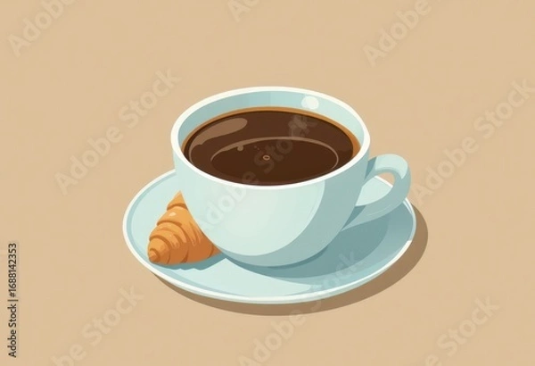 Fototapeta A minimalist illustration of a cup of coffee and croissant. Perfect for cafe branding, social media posts, or website design.  Promotes a healthy lifestyle and clean aesthetic.
