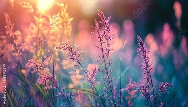 Fototapeta The photograph shows several stalks of wildflowers in a field at sunset, illuminated by warm, golden light.