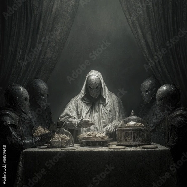 Obraz Silent, masked figures around a table, feasting