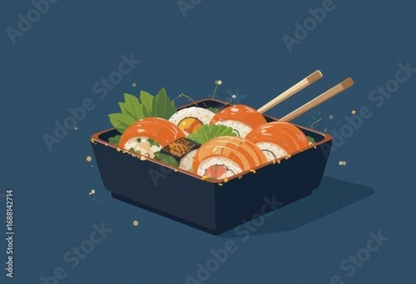 Fototapeta Delicious sushi in a black box, garnished with green leaves. Perfect for healthy lifestyle ads, social media posts, restaurant menus, and branding. Minimalist style, sustainable food concept.