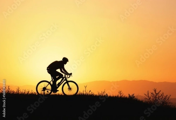 Fototapeta Silhouette of a cyclist riding at sunset. Perfect for healthy lifestyle, travel, and adventure branding. Ideal for ads, social media, and website design.