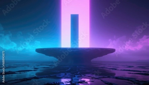 Fototapeta Ethereal landscape with a futuristic portal. Ideal for sci-fi, fantasy, game design, and virtual reality projects.  Minimalist, otherworldly, and trending future technology.