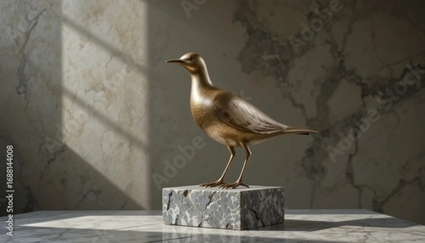 Fototapeta Elegant golden bird sculpture on a marble base. Perfect for minimalist home decor, branding, or social media.  Sustainable and stylish design element.
