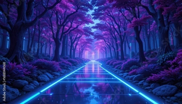 Fototapeta Futuristic glowing path through a vibrant purple forest. Ideal for fantasy, sci-fi, game design, or branding.  Creates a mystical, otherworldly atmosphere. Perfect for social media or advertising.