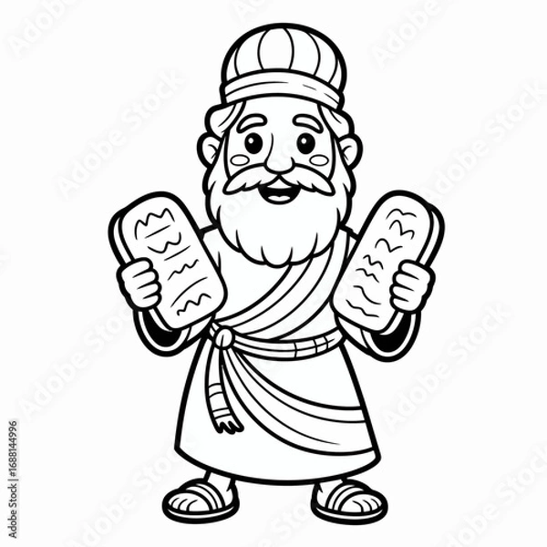 Fototapeta A joyful animated figure of Moses proudly displaying two tablets of law, showcasing the Ten Commandments, in a vibrant and colorful cartoon illustration.