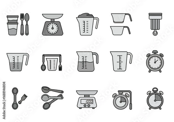 Fototapeta Culinary tools arranged in rows measuring cups spoons scales and timers