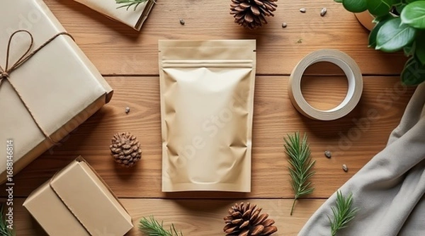 Fototapeta Blank kraft pouch bag surrounded by christmas gifts pinecones and greenery