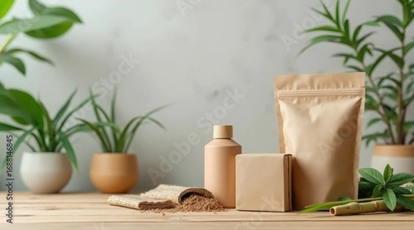 Obraz Natural skincare products and plants on a wooden surface
