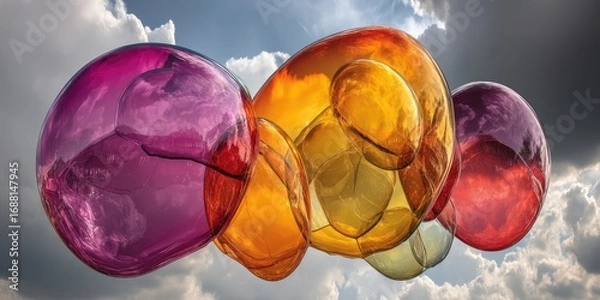 Obraz Abstract art piece of overlapping, colorful, translucent spheres against a cloudy sky