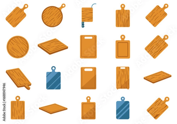 Fototapeta Various cutting boards with differing shapes colors and designs are arranged against a white background