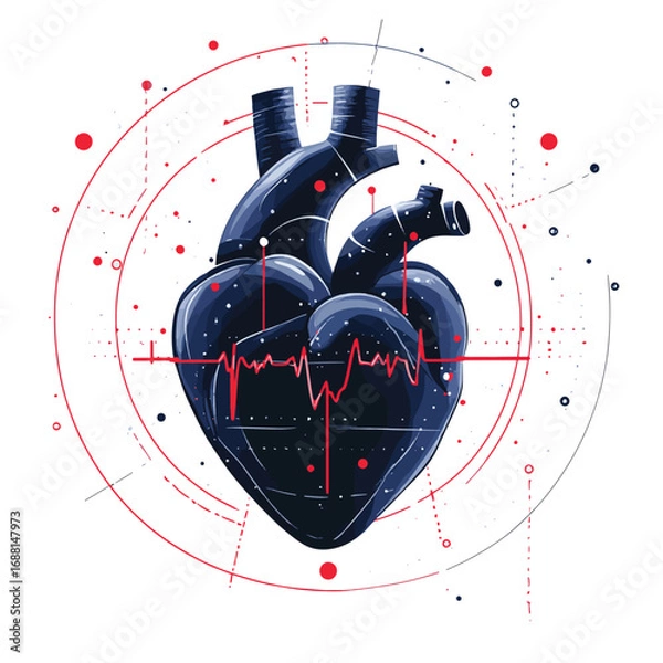 Fototapeta Abstract blue human heart with red cardio pulse line and red circle. Healthcare medical concept , vector style simple color