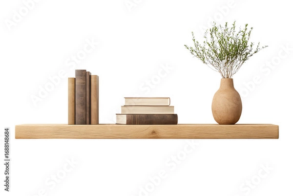 Fototapeta A wooden shelf displaying books and a decorative vase with flowers, perfect for home decor inspiration.