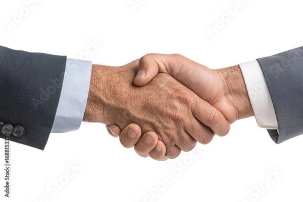Fototapeta Two hands shaking in a business agreement on a white isolated background.