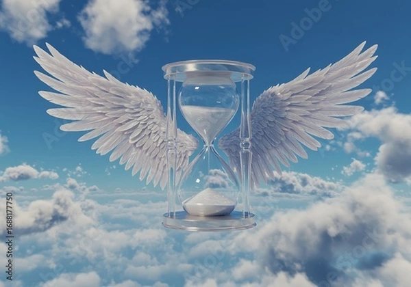 Fototapeta Hourglass with Angel Wings Floating in the Sky Representing Time and Mortality with Cloud Background