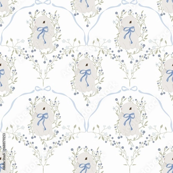Fototapeta Seamless Bunny Pattern with Blue Ribbon and Floral Design