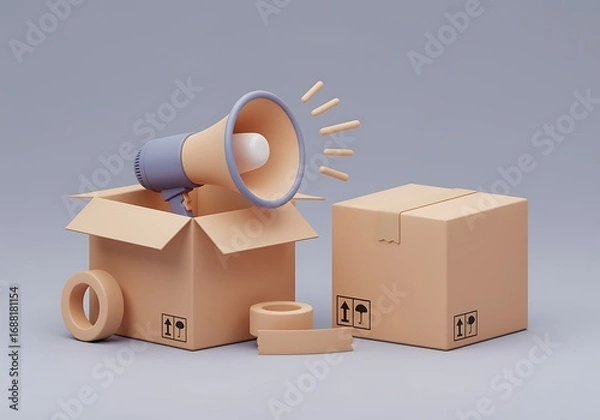 Fototapeta Promotional Announcement Concept with Megaphone and Cardboard Boxes for Delivery or Shipping Information and Retail Offers