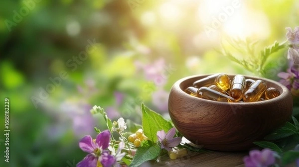 Fototapeta Capsules made from natural herbal extracts in a wooden bowl, on blurred background