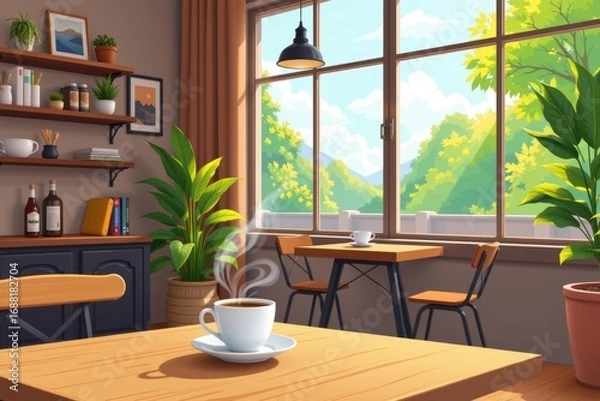 Fototapeta A cozy coffee shop in the morning with a warm cup of coffee on the table, steam rising, and natural sunlight streaming through the large windows.