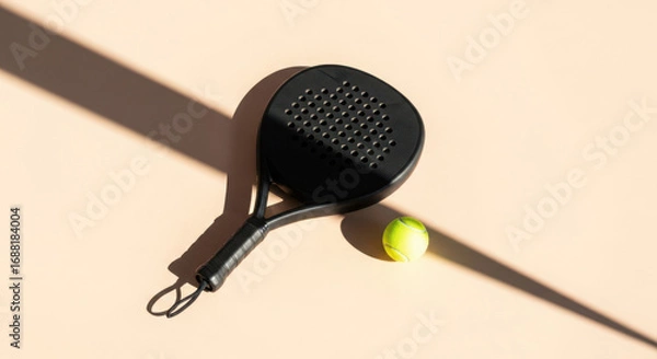 Fototapeta Black Paddle Racket with Yellow Ball on Beige Background