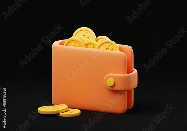Fototapeta Wallet full of gold coins concept for finance investments savings and digital payment solutions with black background minimal 3d render