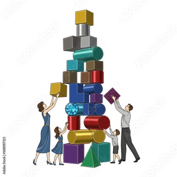 Obraz Family Building Colorful Geometric Shape Tower On White Background With Playful Interaction And Collaboration For Teamwork Concept